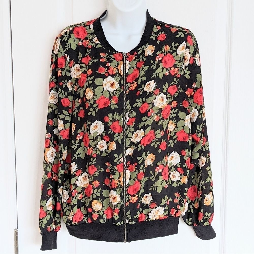 Como BLACK bright floral roses print zip bomber jacket blouse size S @X